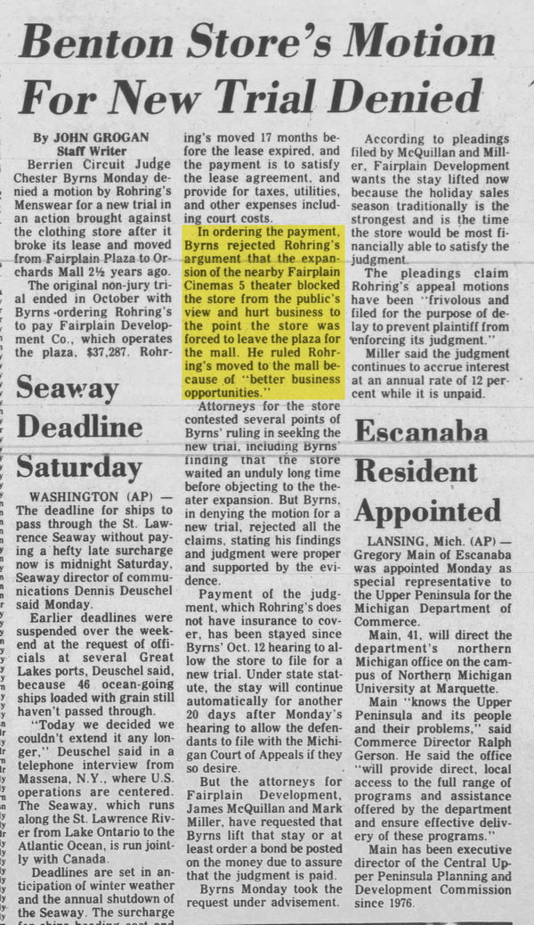 Fairplain Cinemas 5 - 1983 Article On Merchant Being Sued For Leaving Plaza (newer photo)